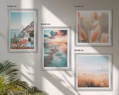Polyptychon mit Rahmen Sonnenuntergang am Meer mit Häusern und Blumen