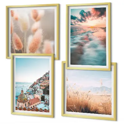 Polyptychon mit Rahmen Sonnenuntergang am Meer mit Häusern und Blumen