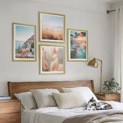 Polyptychon mit Rahmen Sonnenuntergang am Meer mit Häusern und Blumen