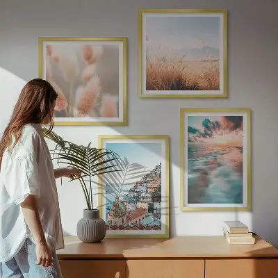 Polyptychon mit Rahmen Sonnenuntergang am Meer mit Häusern und Blumen