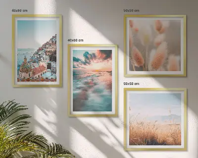 Polyptychon mit Rahmen Sonnenuntergang am Meer mit Häusern und Blumen