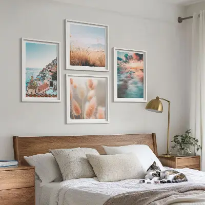 Polyptychon mit Rahmen Sonnenuntergang am Meer mit Häusern und Blumen