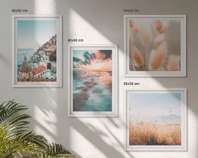 Polyptychon mit Rahmen Sonnenuntergang am Meer mit Häusern und Blumen
