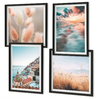 Polyptychon mit Rahmen Sonnenuntergang am Meer mit Häusern und Blumen