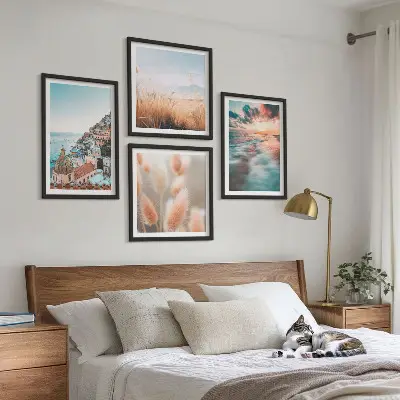 Polyptychon mit Rahmen Sonnenuntergang am Meer mit Häusern und Blumen