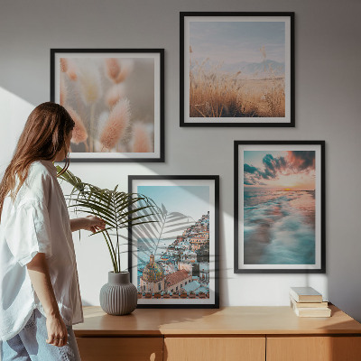 Polyptychon mit rahmen Sonnenuntergang am Meer, Häuser, Blumen