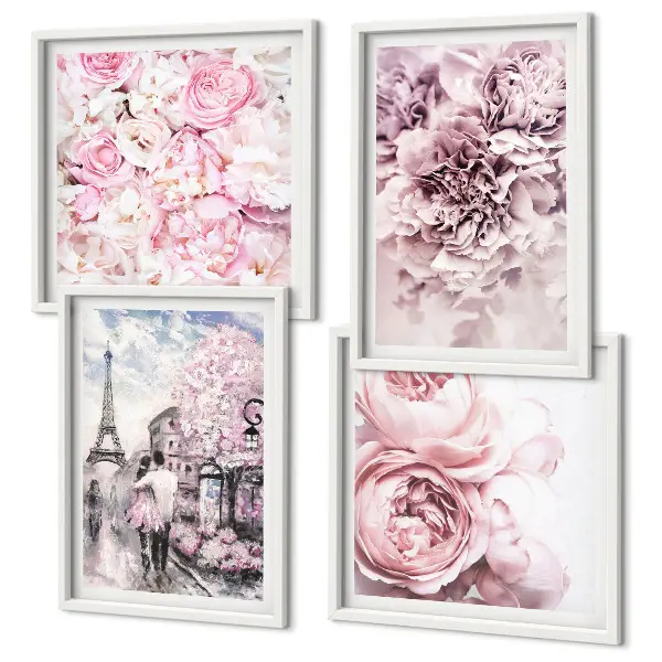 Wanddeko-Set mit rosa Blumen und romantischer Landschaft