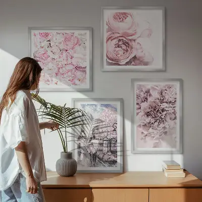 Wanddeko-Set mit rosa Blumen und romantischer Landschaft