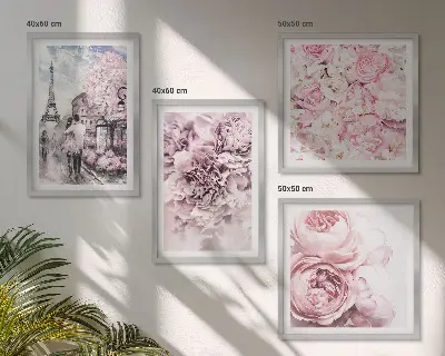 Wanddeko-Set mit rosa Blumen und romantischer Landschaft