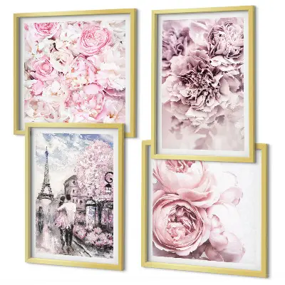 Wanddeko-Set mit rosa Blumen und romantischer Landschaft