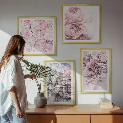 Wanddeko-Set mit rosa Blumen und romantischer Landschaft