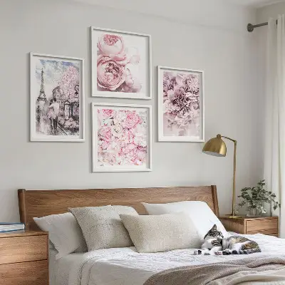 Wanddeko-Set mit rosa Blumen und romantischer Landschaft