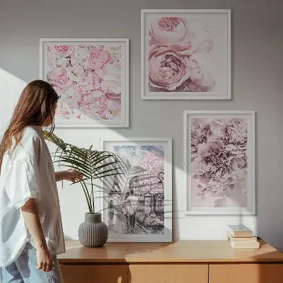Wanddeko-Set mit rosa Blumen und romantischer Landschaft