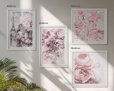 Wanddeko-Set mit rosa Blumen und romantischer Landschaft