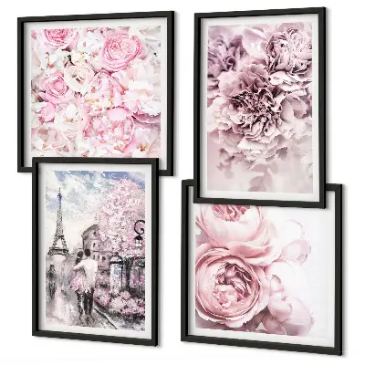 Wanddeko-Set mit rosa Blumen und romantischer Landschaft