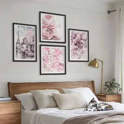 Wanddeko-Set mit rosa Blumen und romantischer Landschaft