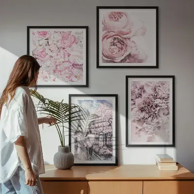 Wanddeko-Set mit rosa Blumen und romantischer Landschaft