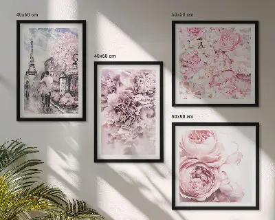 Wanddeko-Set mit rosa Blumen und romantischer Landschaft