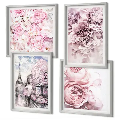 Wanddeko-Set mit rosa Blumen und romantischer Landschaft