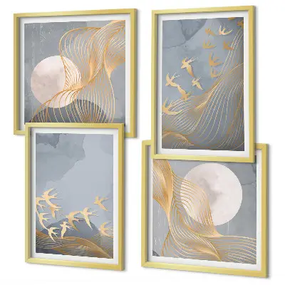 Vögel im Flug, Himmel und Mond Polyptychon mit Rahmen
