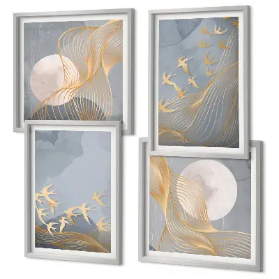 Vögel im Flug, Himmel und Mond Polyptychon mit Rahmen