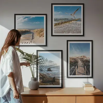 Wandbild Strandwellen, Himmelsbrücke und Spaziergang als gerahmtes Polyptychon