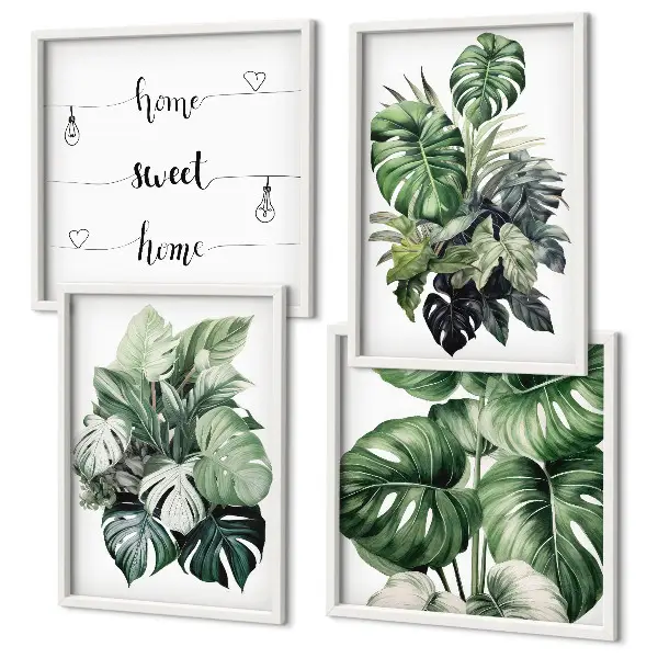 Aquarell-Wandbild mit grünen tropischen Blättern als gerahmtes Polyptychon
