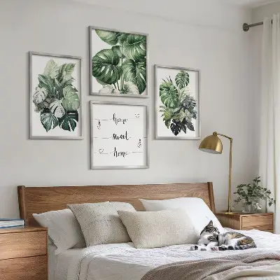 Aquarell-Wandbild mit grünen tropischen Blättern als gerahmtes Polyptychon