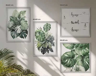 Aquarell-Wandbild mit grünen tropischen Blättern als gerahmtes Polyptychon