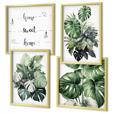Aquarell-Wandbild mit grünen tropischen Blättern als gerahmtes Polyptychon