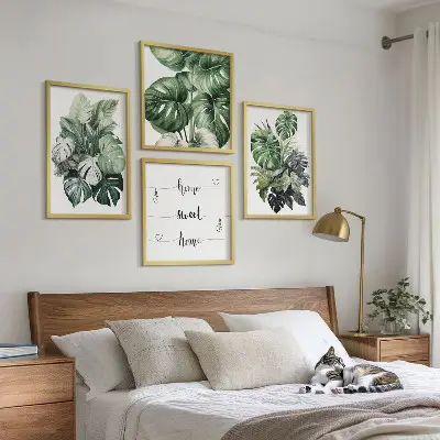 Aquarell-Wandbild mit grünen tropischen Blättern als gerahmtes Polyptychon