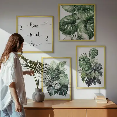 Aquarell-Wandbild mit grünen tropischen Blättern als gerahmtes Polyptychon