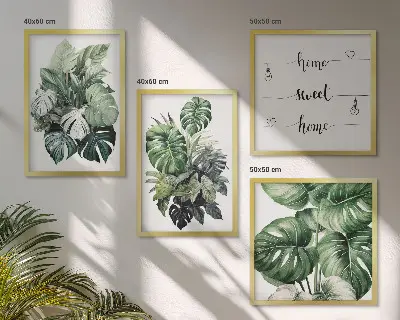 Aquarell-Wandbild mit grünen tropischen Blättern als gerahmtes Polyptychon