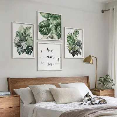 Aquarell-Wandbild mit grünen tropischen Blättern als gerahmtes Polyptychon