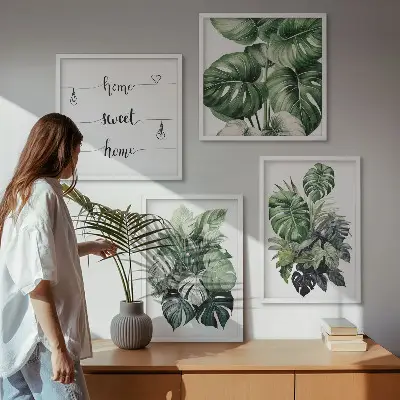 Aquarell-Wandbild mit grünen tropischen Blättern als gerahmtes Polyptychon