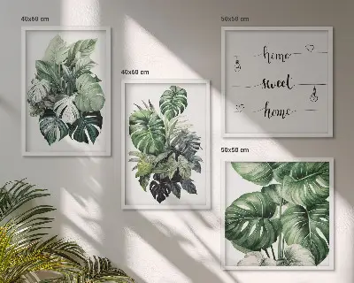 Aquarell-Wandbild mit grünen tropischen Blättern als gerahmtes Polyptychon