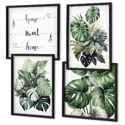 Aquarell-Wandbild mit grünen tropischen Blättern als gerahmtes Polyptychon