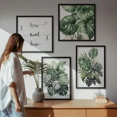 Aquarell-Wandbild mit grünen tropischen Blättern als gerahmtes Polyptychon