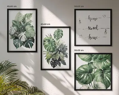 Aquarell-Wandbild mit grünen tropischen Blättern als gerahmtes Polyptychon