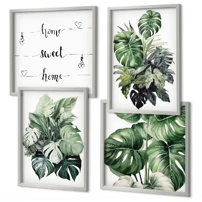 Aquarell-Wandbild mit grünen tropischen Blättern als gerahmtes Polyptychon