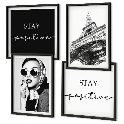 Polyptychon mit Rahmen mit Porträts und Eiffelturm-Slogans