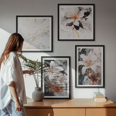 Wanddeko-set Blumen Marmor weiß schwarz