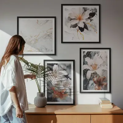 Wanddeko-Set mit Blumen-Motiv in Marmor-Optik schwarz-weiß