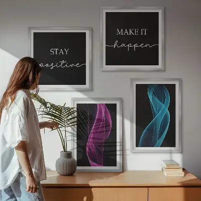Neonlinienwellen im Hintergrund Wandbild als Polyptychon mit Rahmen