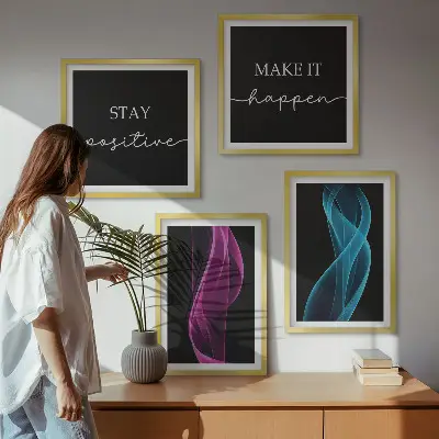 Neonlinienwellen im Hintergrund Wandbild als Polyptychon mit Rahmen