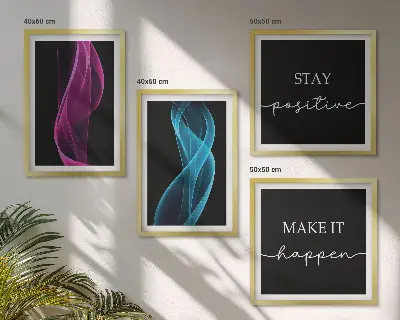 Neonlinienwellen im Hintergrund Wandbild als Polyptychon mit Rahmen