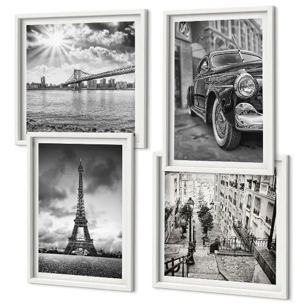 Wanddeko-Set mit Motiven von Stadtansichten, Brücken, Eiffelturm und Auto
