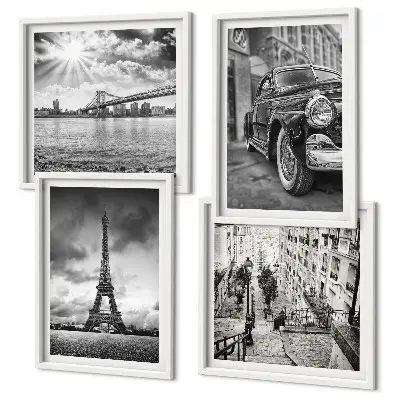 Wanddeko-Set mit Motiven von Stadtansichten, Brücken, Eiffelturm und Auto