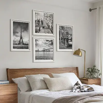Wanddeko-Set mit Motiven von Stadtansichten, Brücken, Eiffelturm und Auto