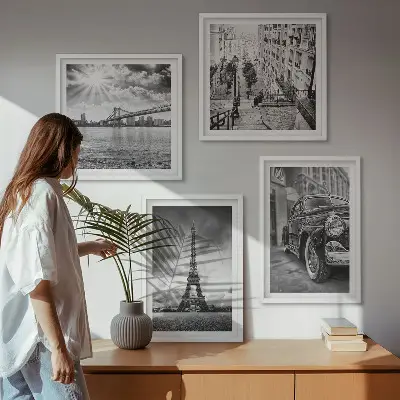 Wanddeko-Set mit Motiven von Stadtansichten, Brücken, Eiffelturm und Auto